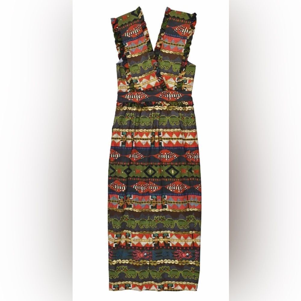 STELLA JEAN Green and red abstract print plunge neck sheath dress size 40